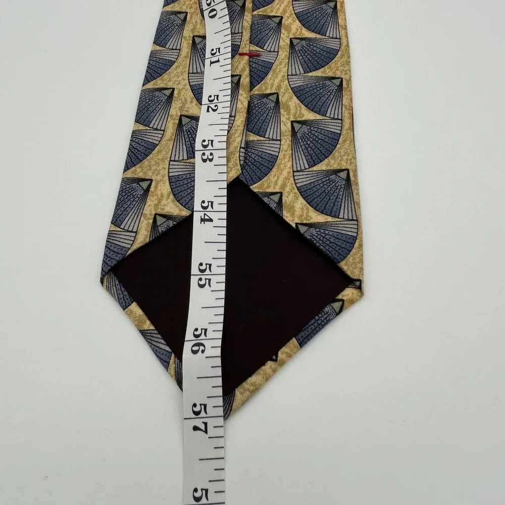 Courreges Homme Necktie Mens OS Tan Blue Silk Geometric Art Deco 90s Vintage